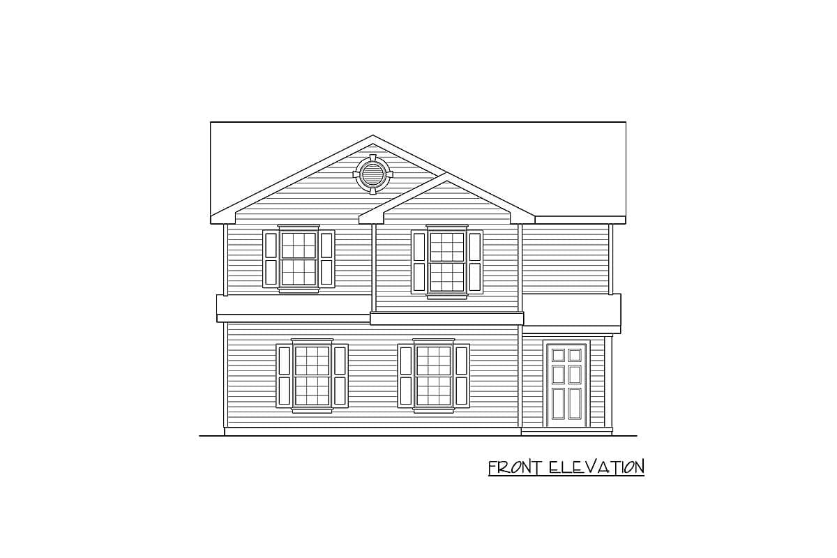 Front elevation drawing of a two-story house with a gable roof, prominent dormer, and multiple double-hung windows.