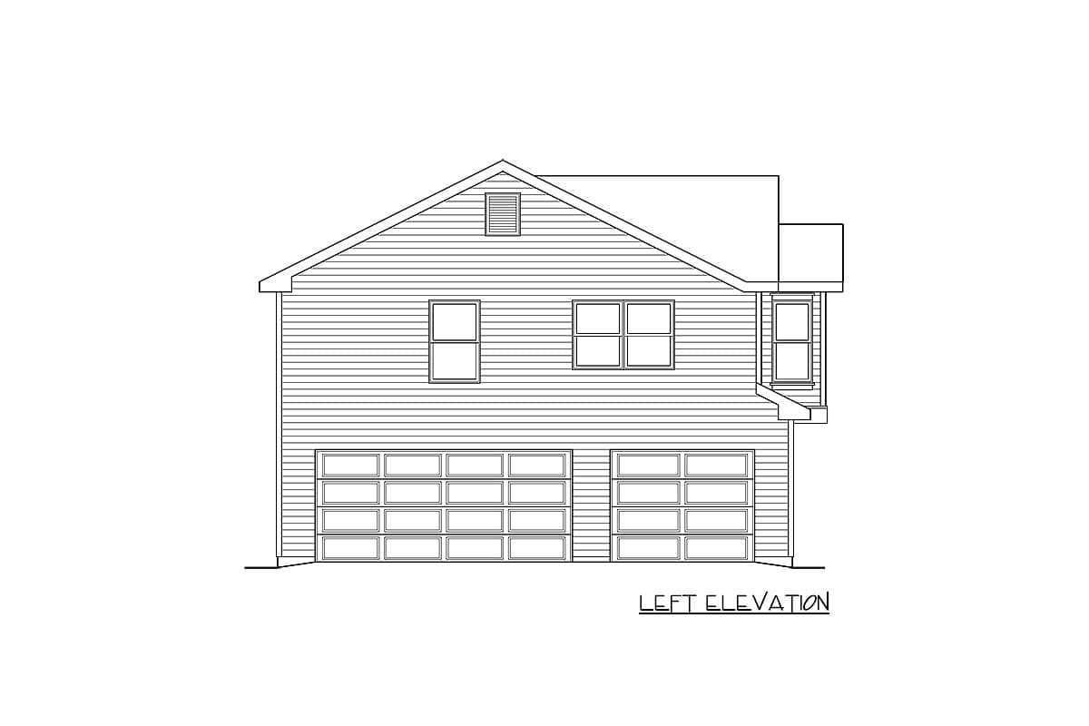 Left elevation drawing shows two-story house plan with two double garages, horizontal siding, and multiple windows.