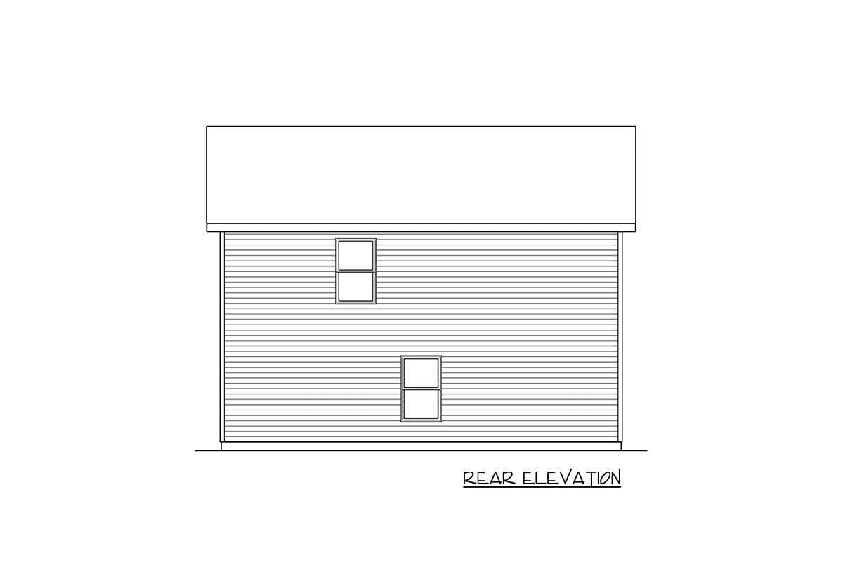 Rear elevation drawing of a two-story house plan with horizontal siding and two stacked windows.