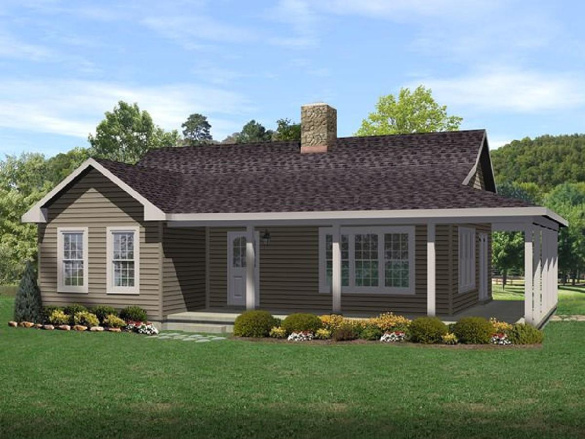 Ranch house plan exterior with a prominent wrap-around porch, gabled dormer, and stone chimney.