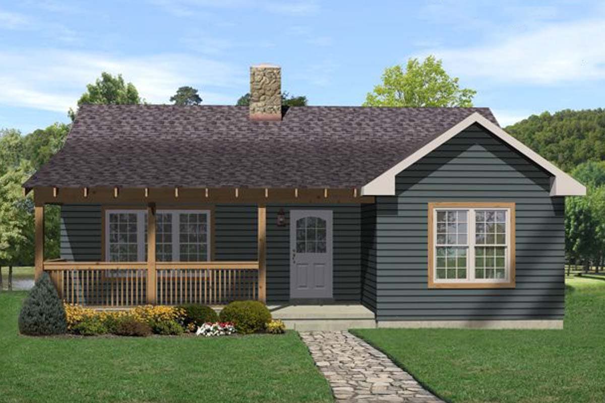 House plan exterior: one-story home with a covered porch, stone chimney, and gable end.