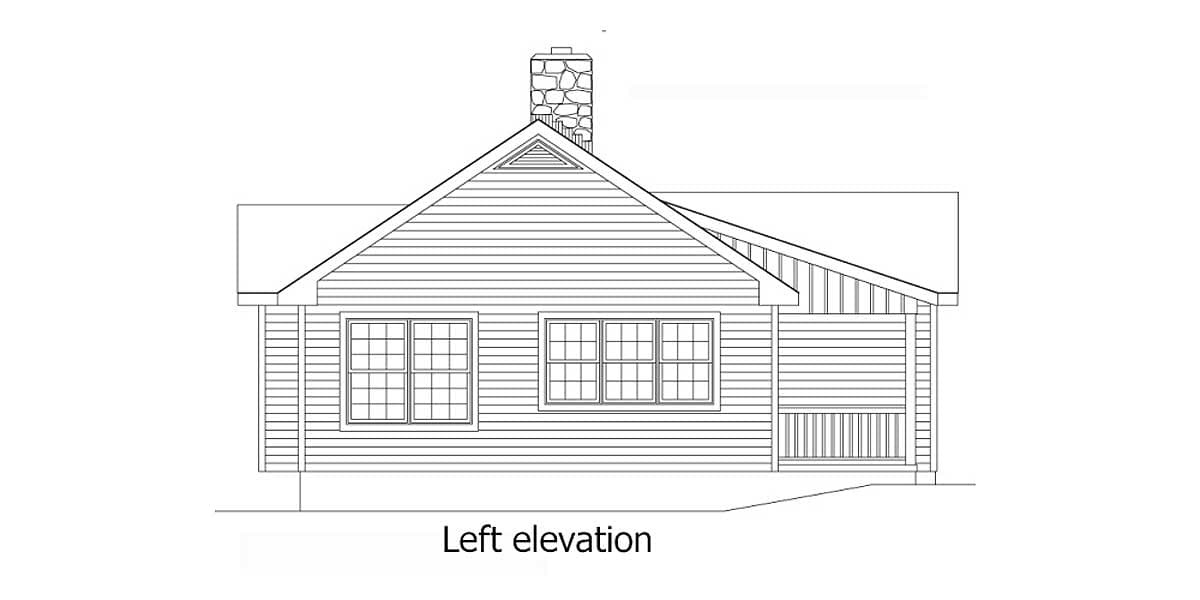 Left elevation drawing of a house plan featuring a gable roof, stone chimney, double-hung windows, and a covered porch.