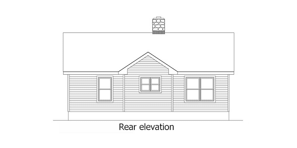 Rear elevation drawing of a one-story house with horizontal siding, three windows, and a stone chimney.