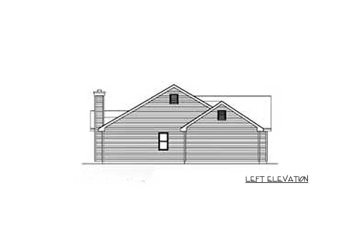 Left elevation drawing of a house plan featuring a chimney, gabled rooflines, and siding.