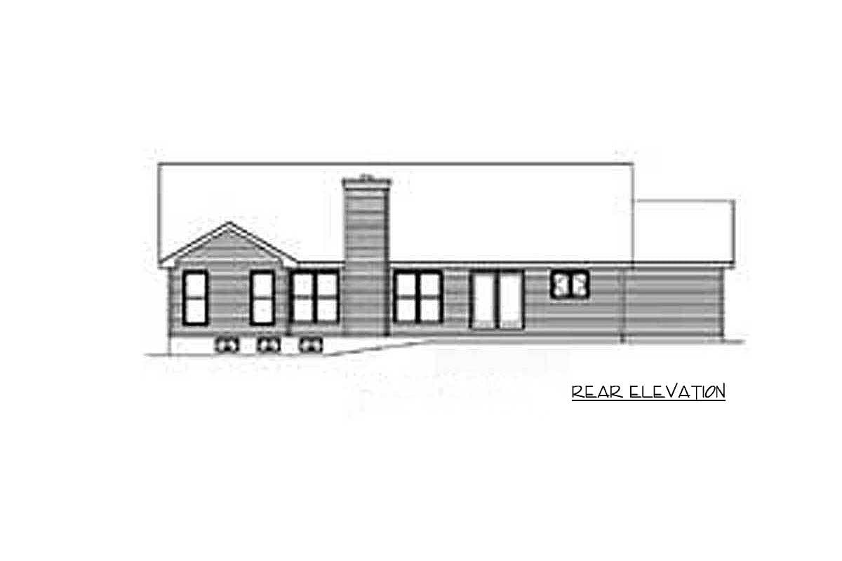 Rear elevation of a house plan showing a gable roof, chimney, and multiple windows.