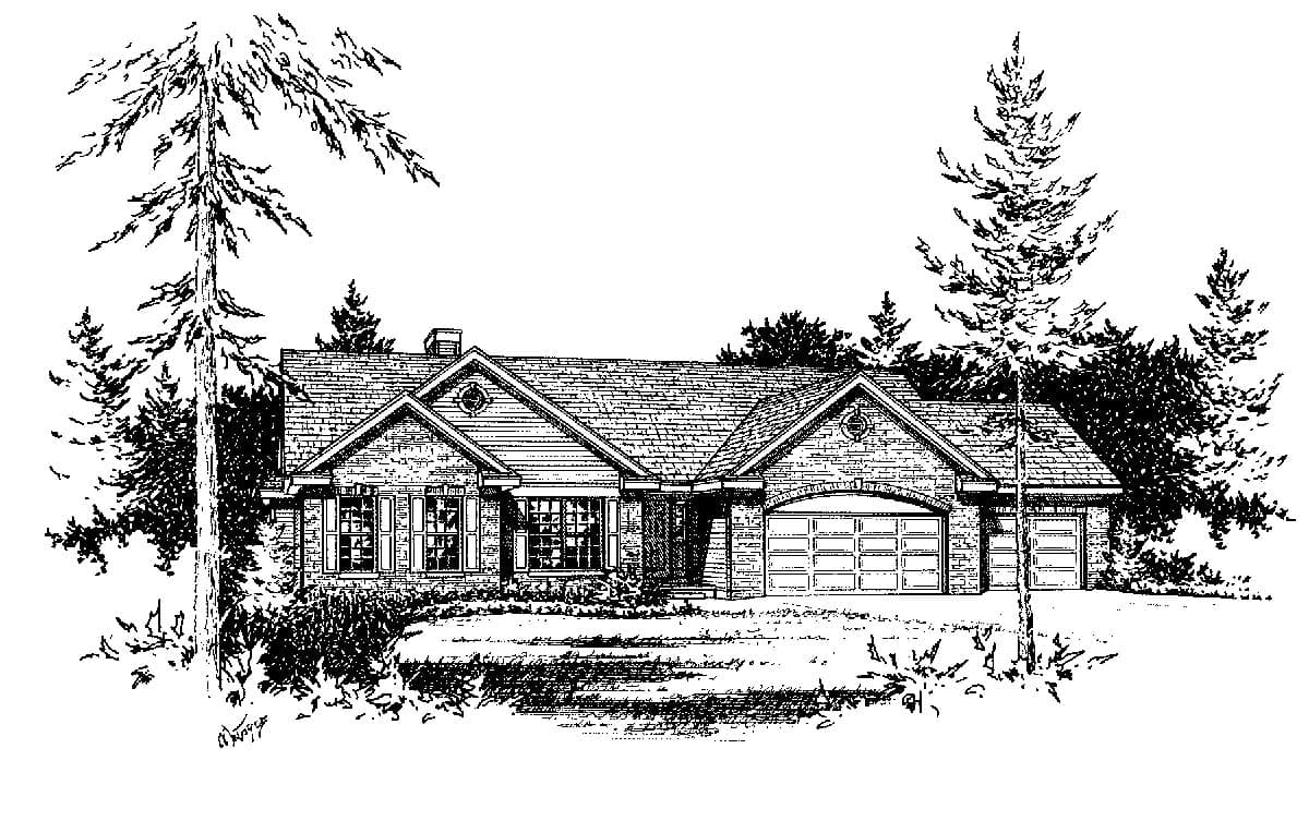 House plan exterior: Single-story ranch with a mix of stone and siding, multiple gables, dormers, and an attached two-car garage.