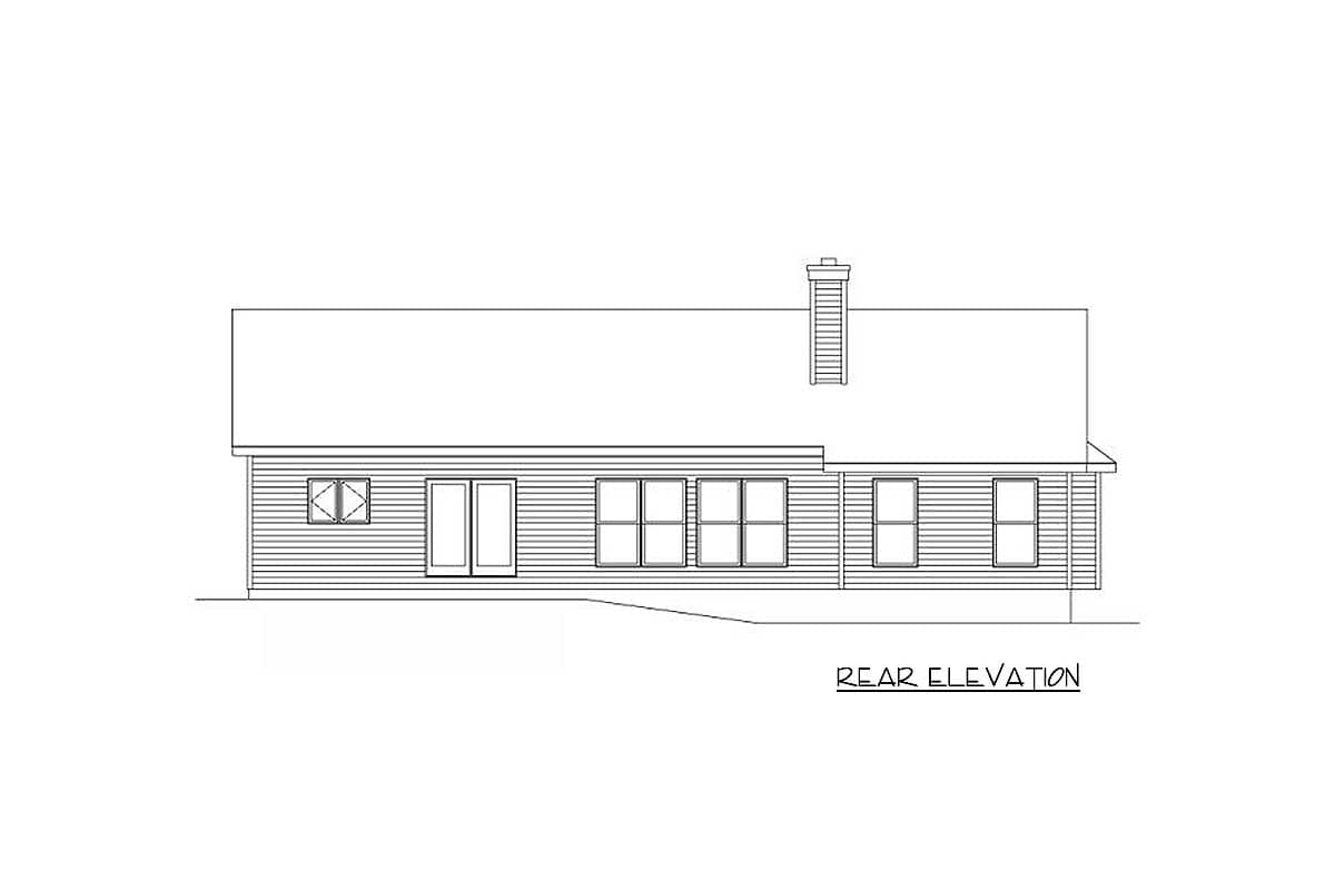 Rear elevation house plan with double doors, a small diamond pane window, and multiple rectangular windows. Includes a chimney.