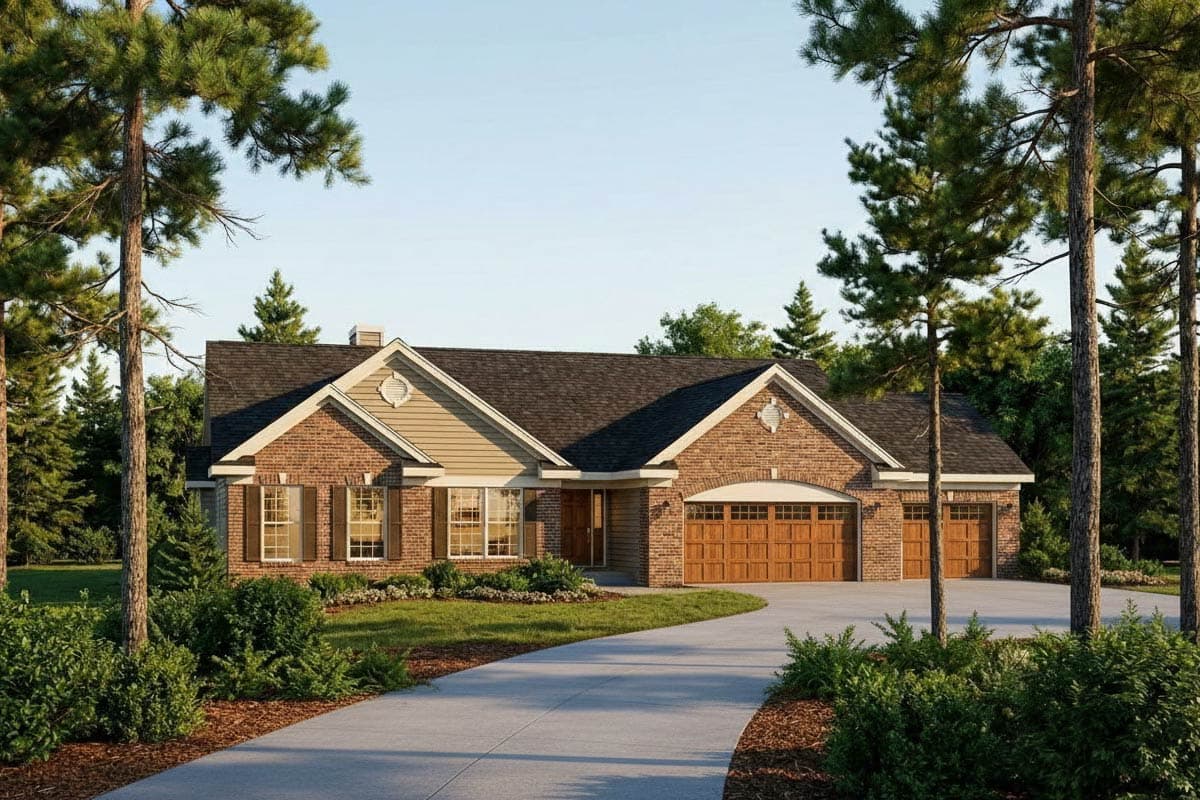 House plan exterior: Brick ranch with side-entry three-car garage, prominent gables, and stone accents.