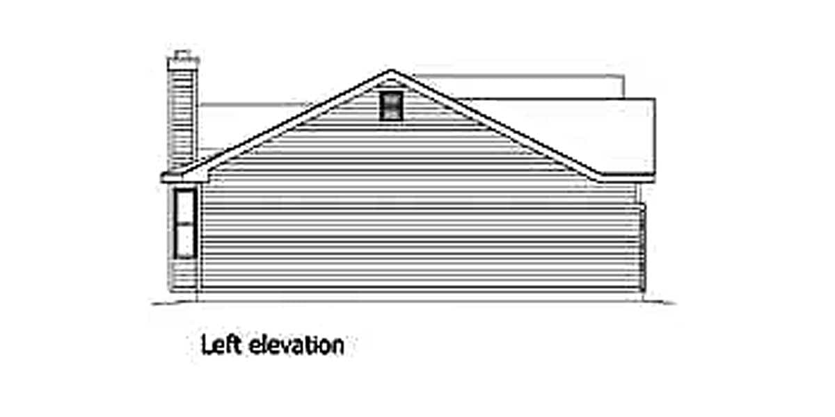 Left elevation drawing of a house featuring horizontal siding, a gabled roof, a chimney, and a dormer window.