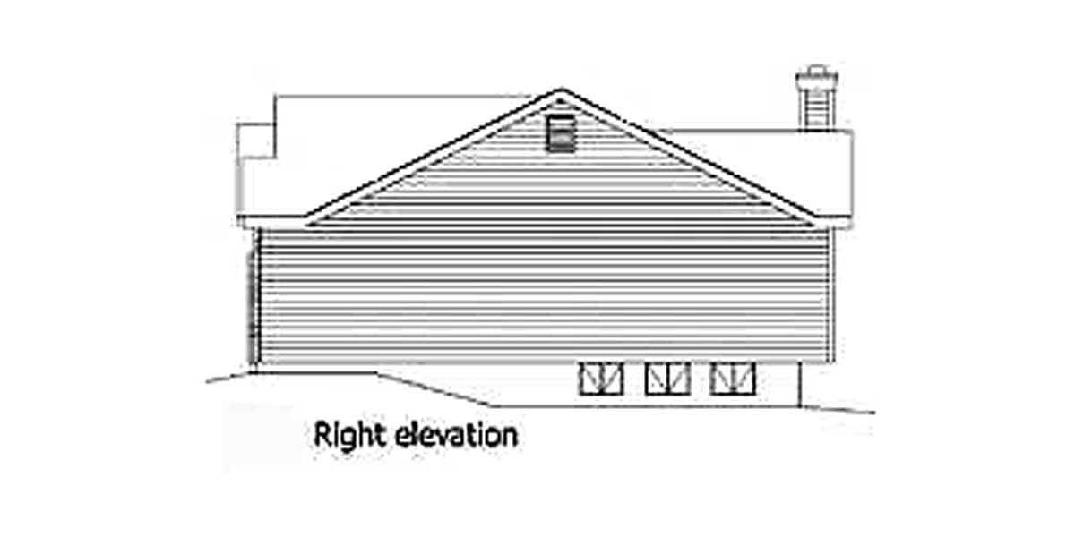 Right elevation drawing of a house plan with gabled roof, dormer window, and foundation vents.