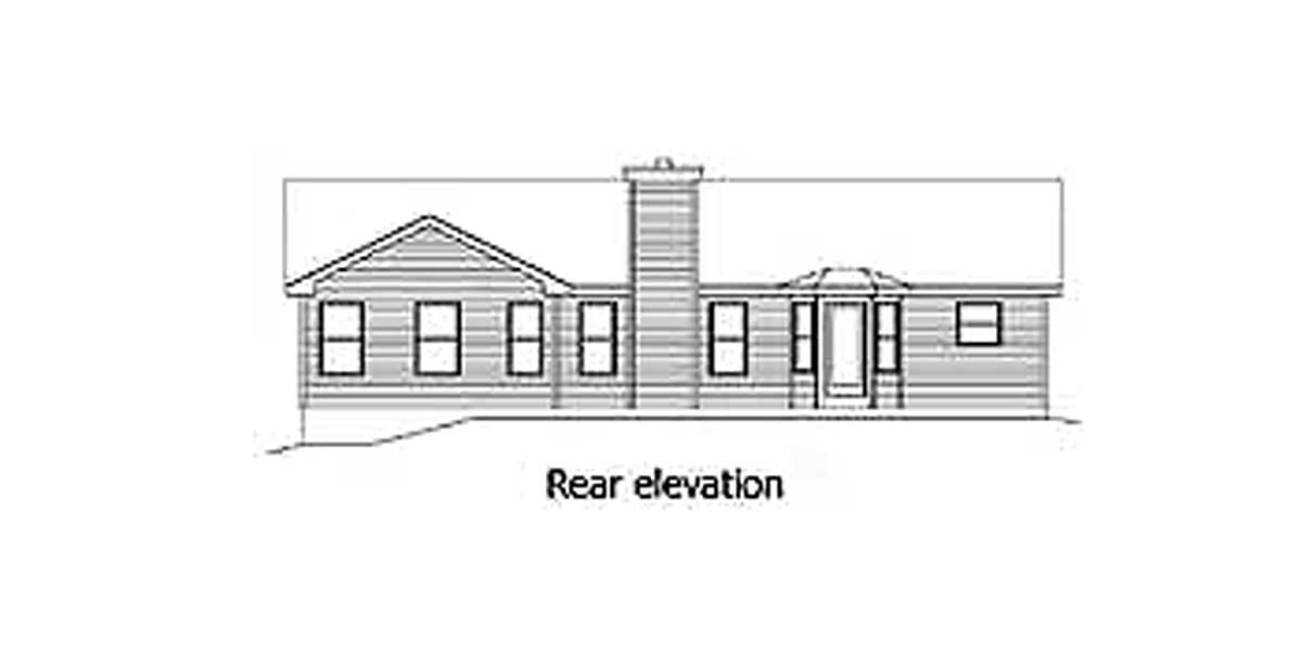 Rear elevation of a one-story house plan showing multiple windows, a centered chimney, and a prominent gable.