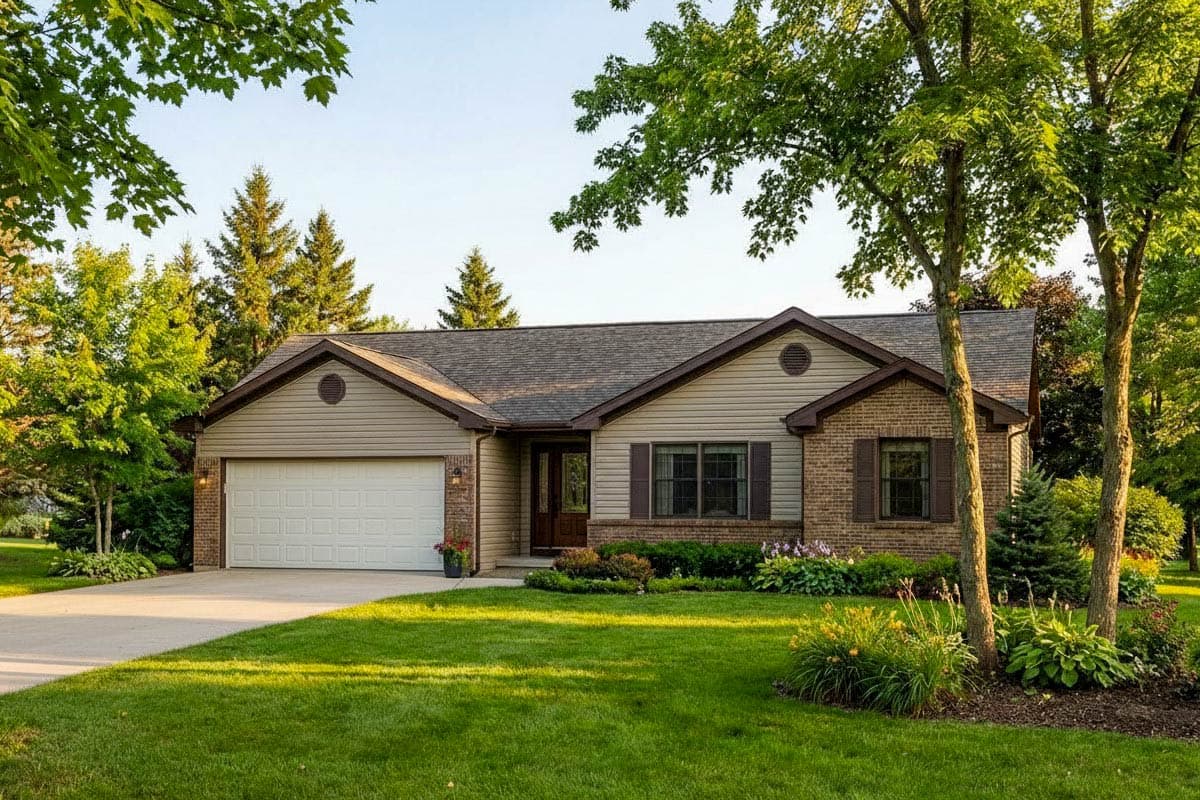 House plan exterior: Ranch style, one-story home with attached garage, gable dormers, and brick and vinyl siding.