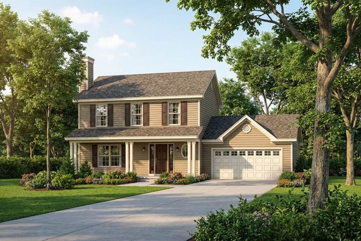 Two-story house plan exterior with a covered front porch, gabled garage, and dormer windows.