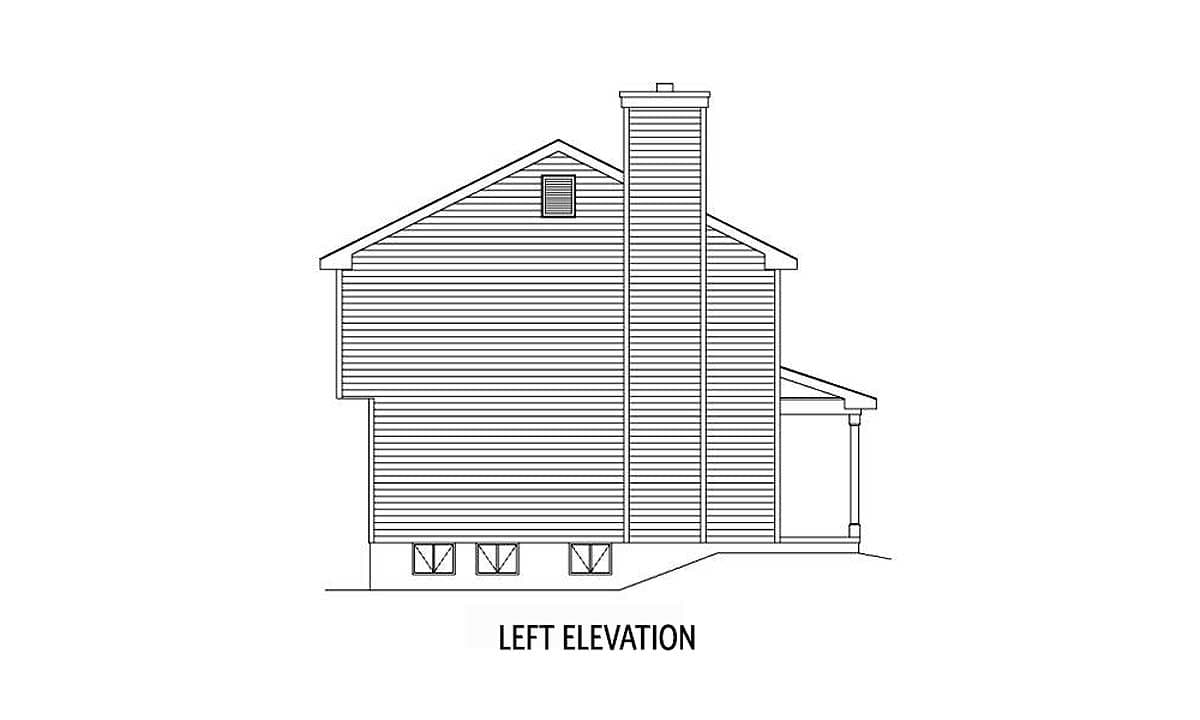 Left elevation house plan showing horizontal siding, gable roof, prominent chimney, and covered porch.