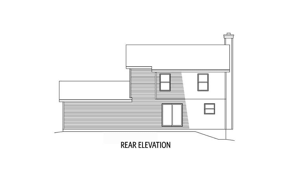 Rear elevation drawing of a two-story house plan with siding, two upper windows, sliding doors, and attached garage.