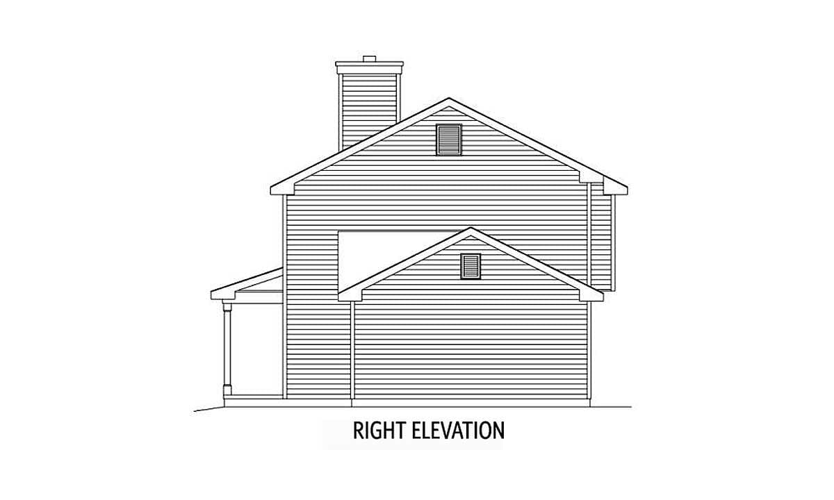 House plan right elevation drawing showing a two-story structure with gabled roofs, a prominent chimney, and a covered porch.