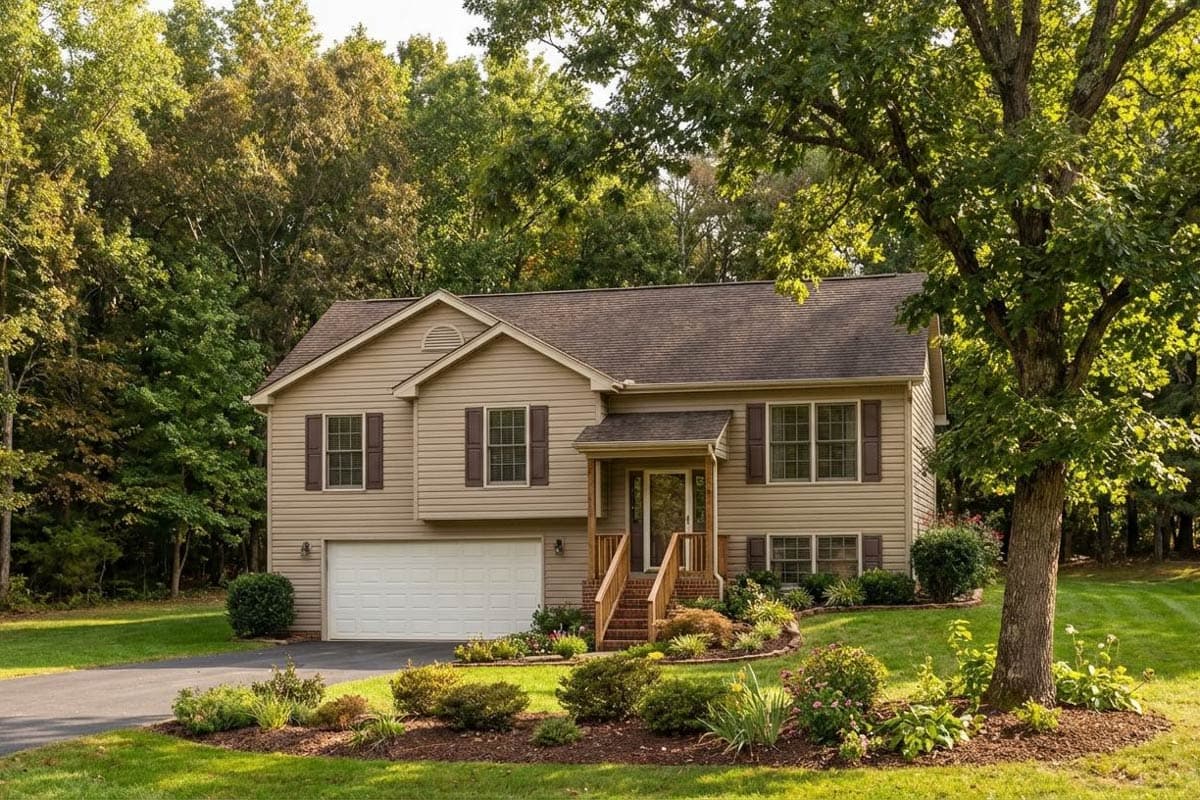 House plan exterior with tan siding, a covered entry with stairs, two gables, and a two-car garage.