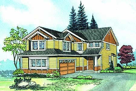 House plan exterior: two-story home with gables, dormers, covered entry, and attached two-car garage.
