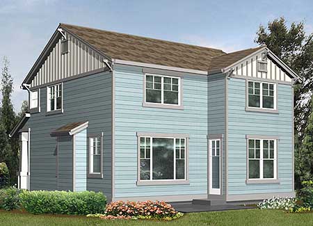 Two-story house plan exterior with board-and-batten gable ends, horizontal siding, and prominent rooflines.