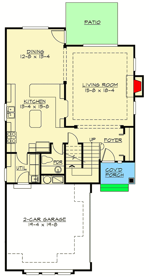 Plan 2300JD: 2-Story House Plan with Flex Room for a Narrow Corner Lot - 2127 Sq Ft - Floor Plan - Main Level - Craftsman, New American, Northwest