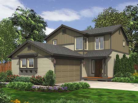 Modern Farmhouse house plan exterior, two stories, with a prominent gable, covered porch, and attached two-car garage.