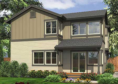 House plan exterior: Two-story home with horizontal siding, vertical siding on upper level, gable roof, and covered entry with sliding glass doors.