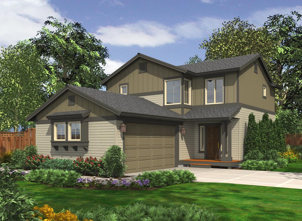 Modern Farmhouse house plan exterior with two stories, gable roof, attached garage, and covered front porch.
