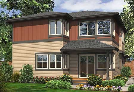 House plan exterior: Two-story home with siding, a covered entry with sliding glass doors, and multiple windows on both levels.