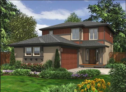 House plan exterior: Two-story home with a prominent gabled roof over the garage, siding, and a covered entry with double doors.