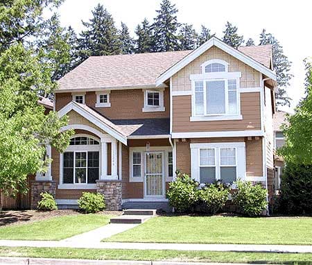 House plan exterior for a two-story home with a covered porch, gables, and varied siding.
