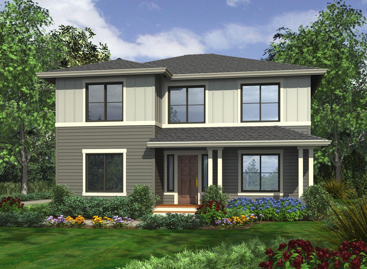 Two-story house plan exterior with a covered entry, board and batten siding, and multiple windows.