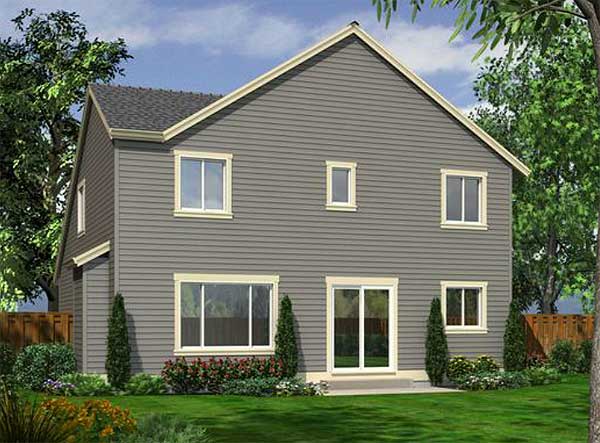 House plan exterior: Two-story home with vinyl siding, prominent gables, multiple windows, and sliding glass doors.