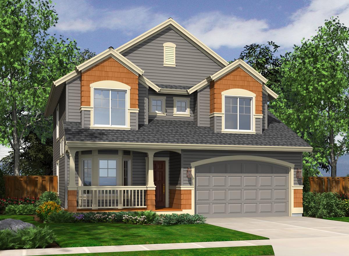 House plan exterior, two-story home with covered front porch, gables, dormers, arched garage door and decorative shingle accents.