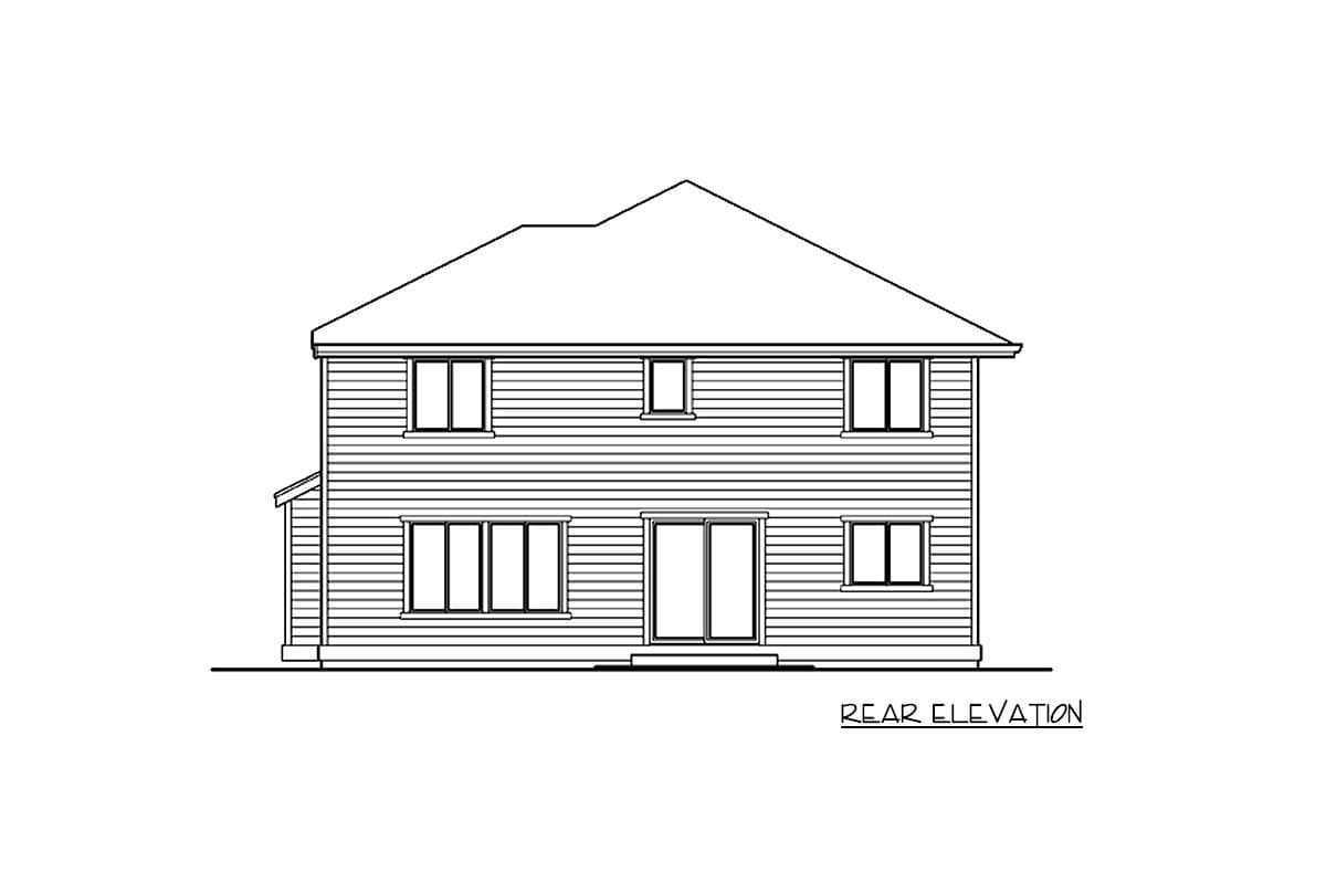 Rear elevation drawing of a two-story house with horizontal siding, multiple windows, and a sliding glass door.