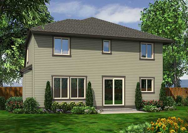 Two-story house plan exterior with horizontal siding, a gabled roof, and multiple windows.