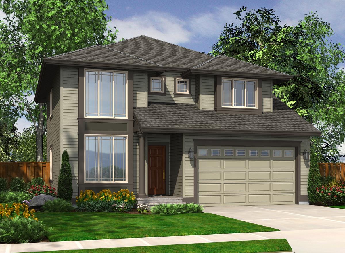 Two-story house plan exterior with a hip roof, prominent gables, large windows, and a two-car garage.
