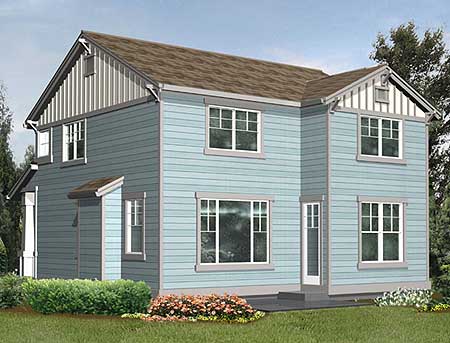 Two-story house plan exterior with horizontal siding, gabled roof, and prominent vertical siding in gables.