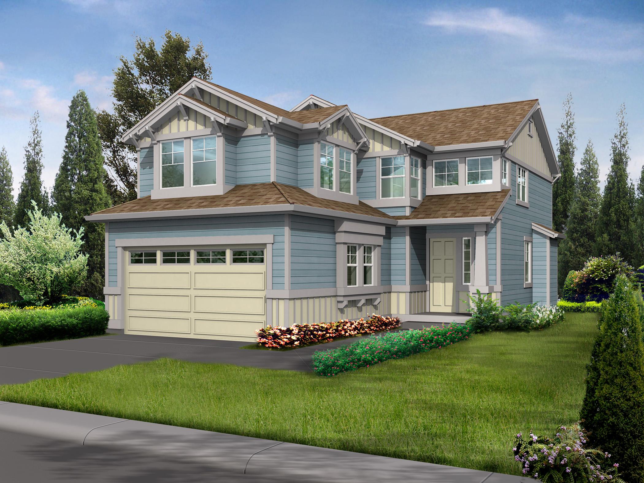 House plan exterior rendering of a two-story home with blue siding, a prominent gable with decorative brackets, and a two-car garage.