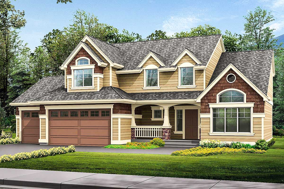 House plan exterior. Two-story Craftsman home with gabled roof, dormers, and a covered porch. Attached garage with two bays.