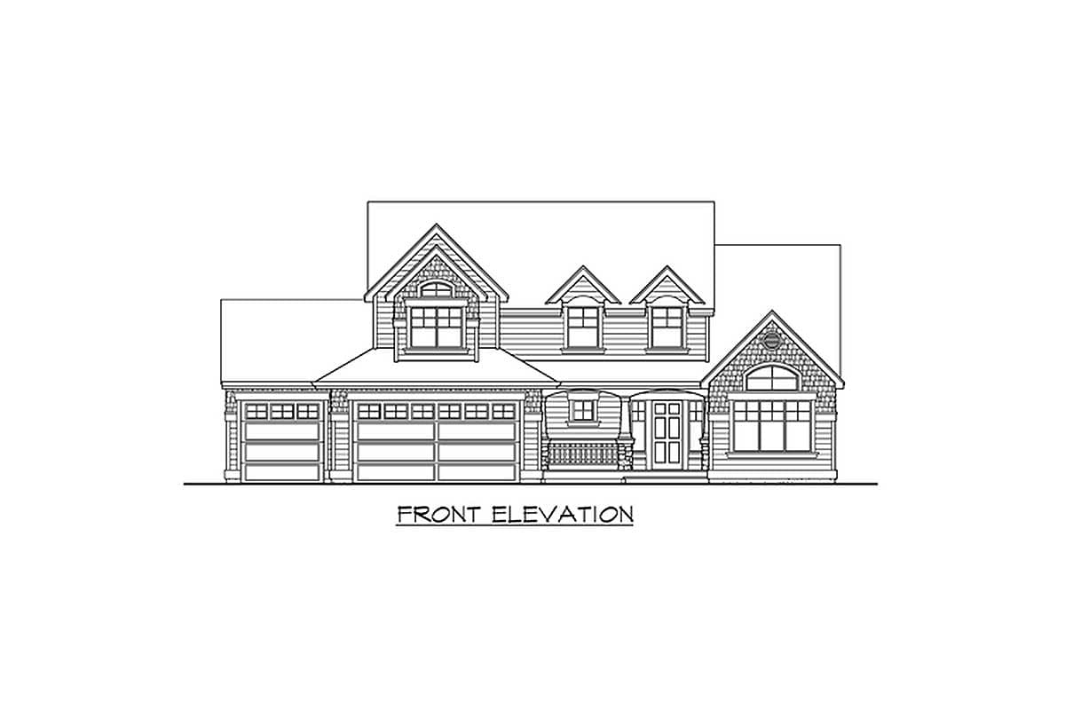 Front elevation house plan drawing showing a two-story home with a four-car garage, front porch, and gables.