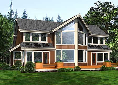 Two-story house plan exterior with multiple gables, a prominent corner window wall, and a wraparound deck.