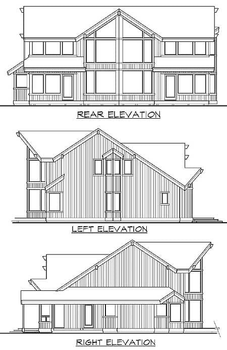 Rear, left, and right elevations of a two-story house plan featuring a prominent gable and stacked windows.