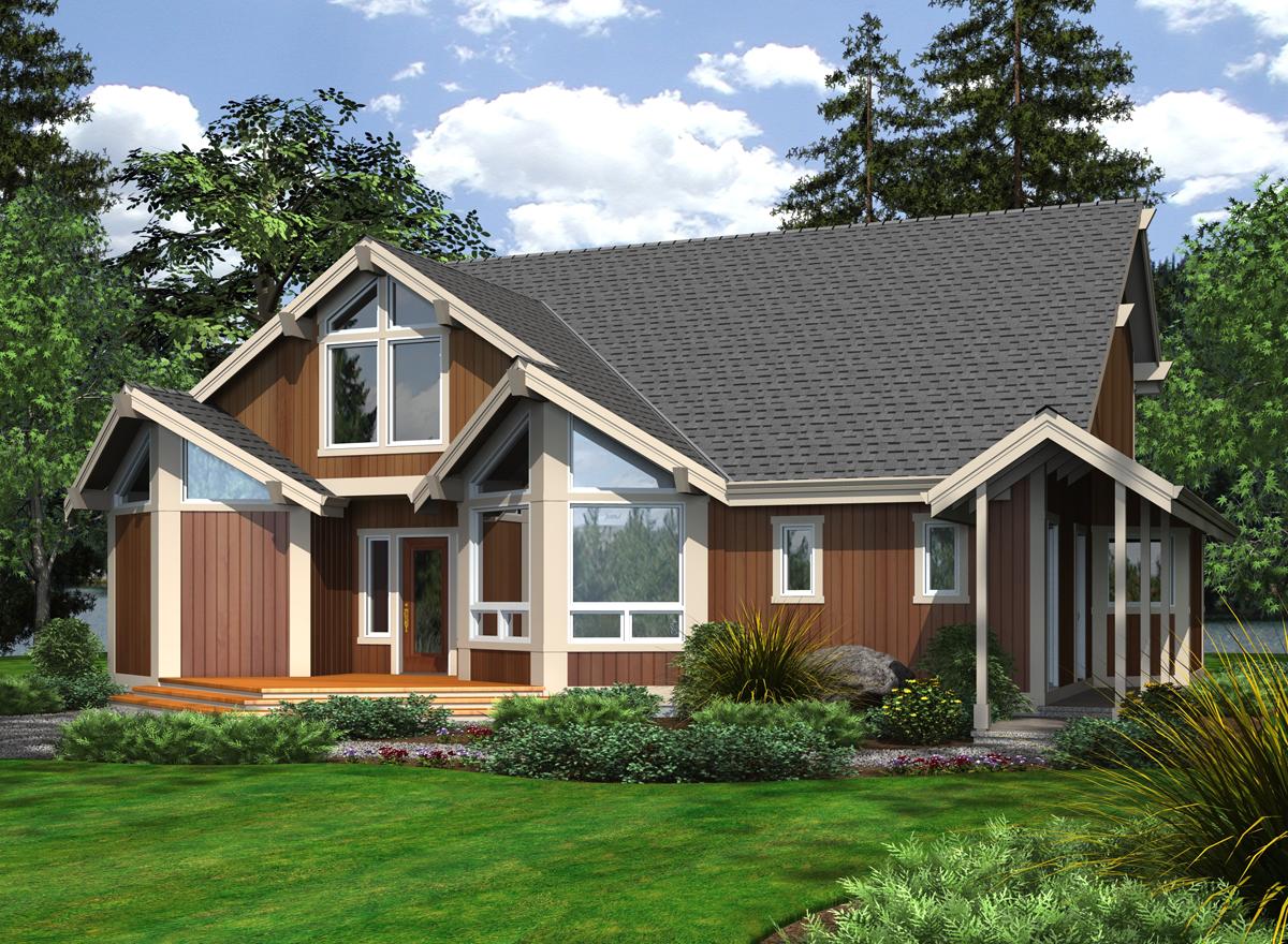 House plan exterior. Two-story modern home with prominent gables, large windows, covered porch, and wood siding.