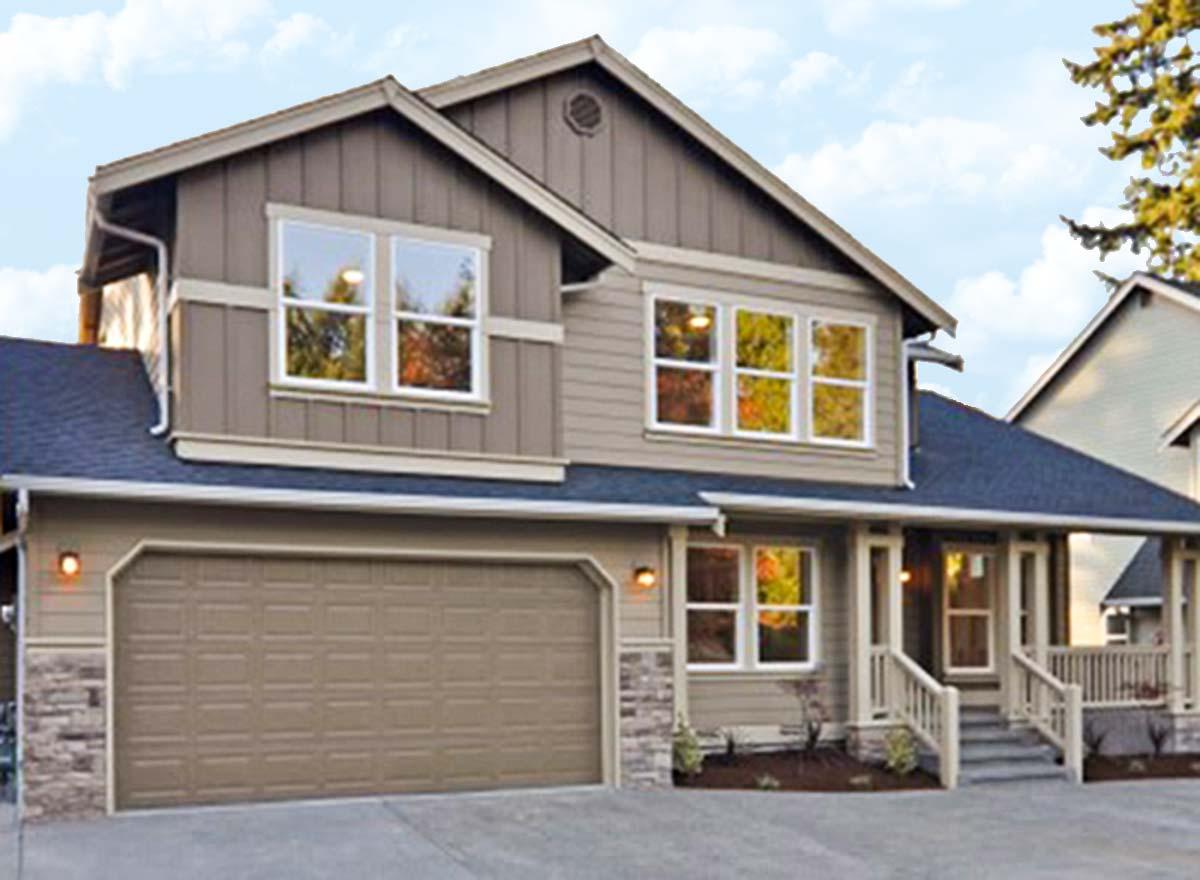 Two-story house plan exterior with a covered front porch, a two-car garage, and gabled dormers.