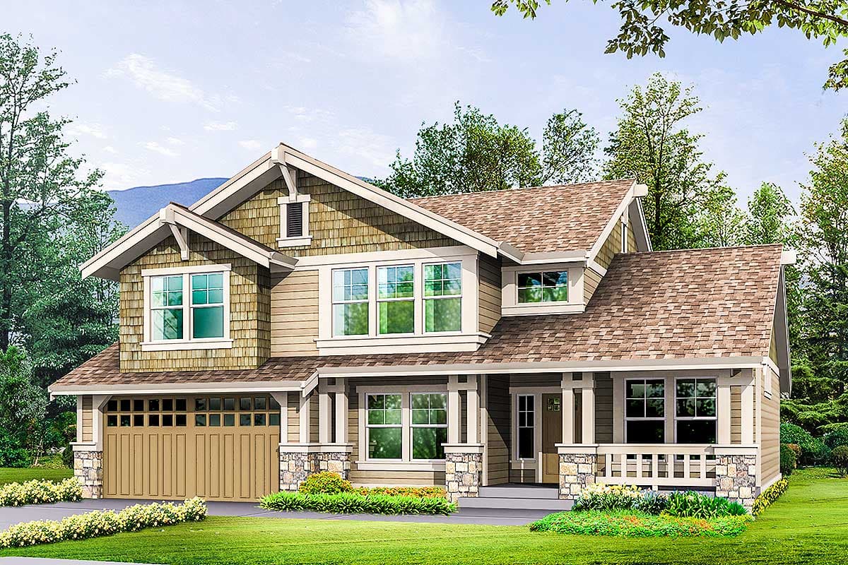 Craftsman style house plan exterior with two stories, front-facing garage, covered porch, gables, and stone accents.