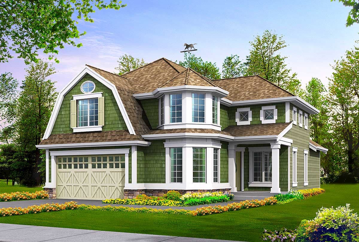 House plan exterior featuring a gambrel roof, bay windows, dormer, and a two-car garage.