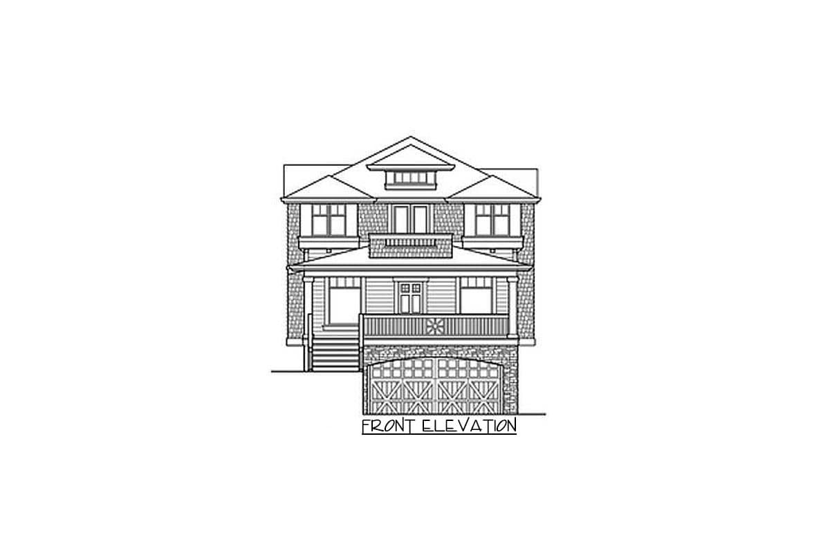 Front elevation drawing of a two-story house with a covered porch, gables, dormers, and an attached garage.