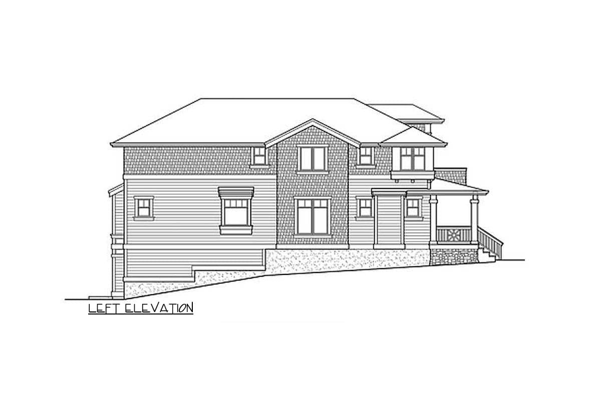 Left elevation drawing of a two-story house plan with varied rooflines, gables, shingle siding, and a covered front porch.