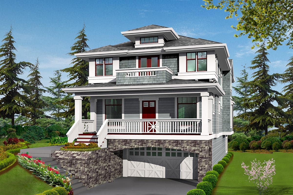 Craftsman style house plan exterior, 2 stories, with a wraparound porch, stone foundation, and a dormer.