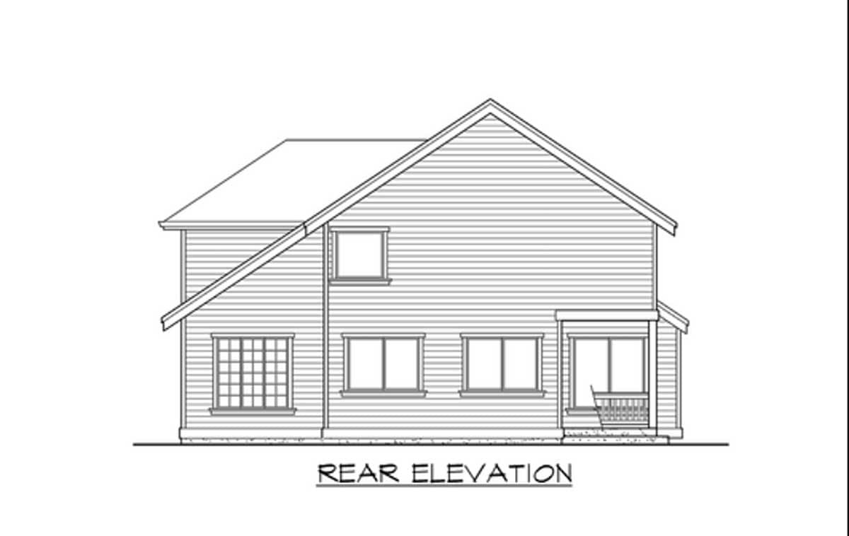 Rear elevation drawing of a two-story house plan with a prominent gable roof, various window styles, and a small covered porch.